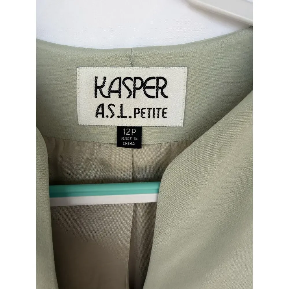 Kasper A.S.L. Petite 12P 100% Silk Sage Green Collarless Blazer Jacket Quiet Lux